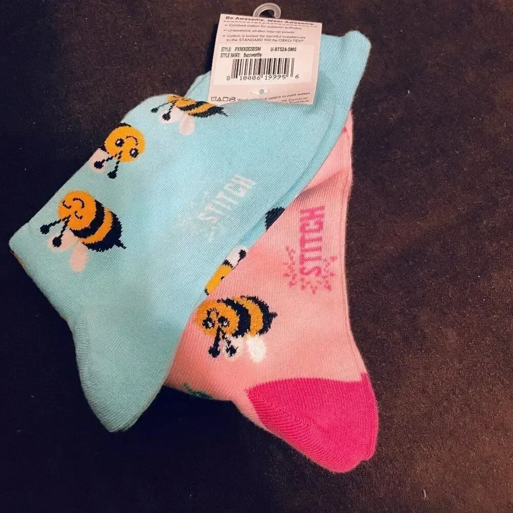 2 Pairs Sock It To Me Stitch Socks Novelty Bumble Bees Honey Bees Pink Blue